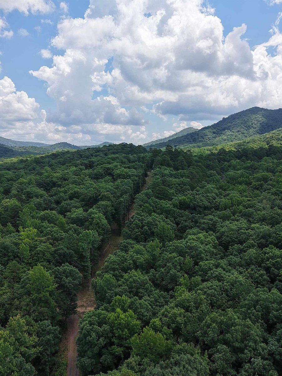 Aerial view over the Ouachita National Forest and the ridgelines surrounding Sugar Creek Cabin