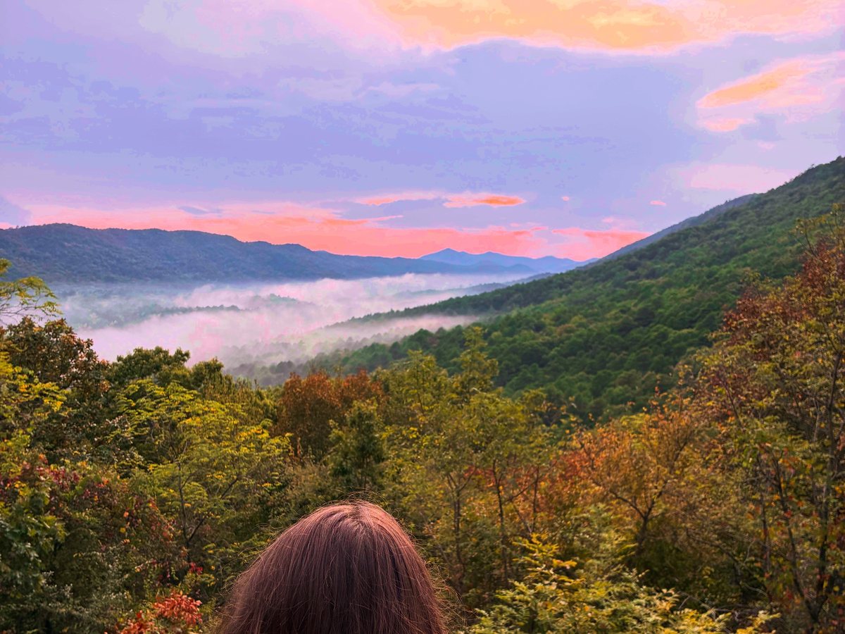 Watching the sunset from the Sugar Creek Vista overlook as fog settles in the Ouachita valley